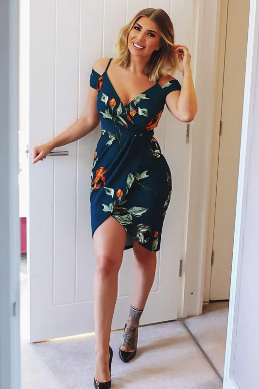 Teal Floral Midi Wrap Dress sold by AX Paris