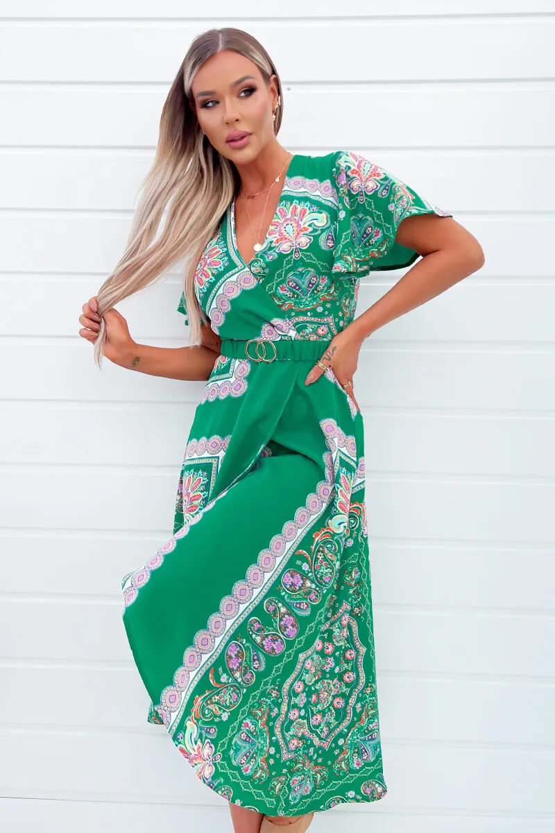 Green Paisley Printed Short Sleeve Belted Midi Dress sold by AX Paris product image thumbnail 3