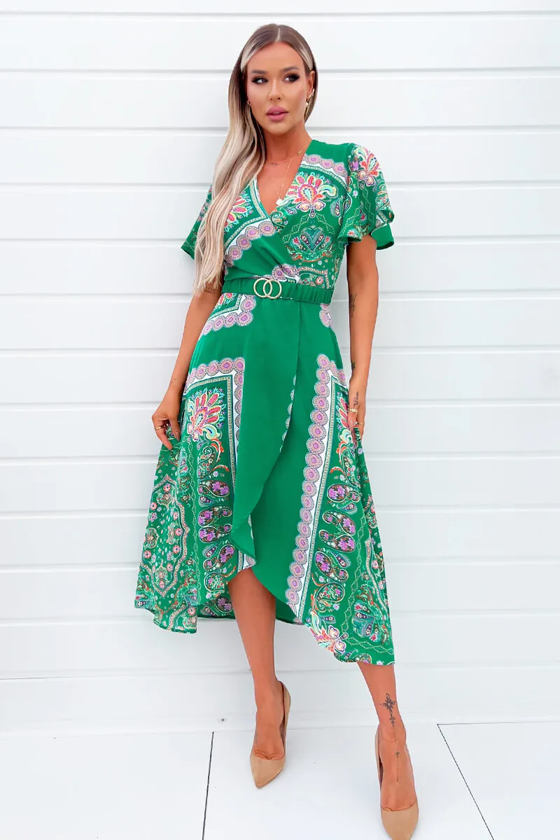 Green Paisley Printed Short Sleeve Belted Midi Dress sold by AX Paris product image thumbnail 5