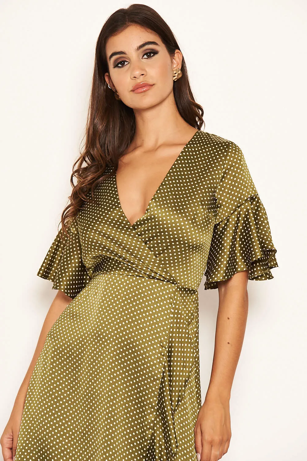Olive Polka Dot Wrap Frill Midi Swing Dress sold by AX Paris product image thumbnail 5