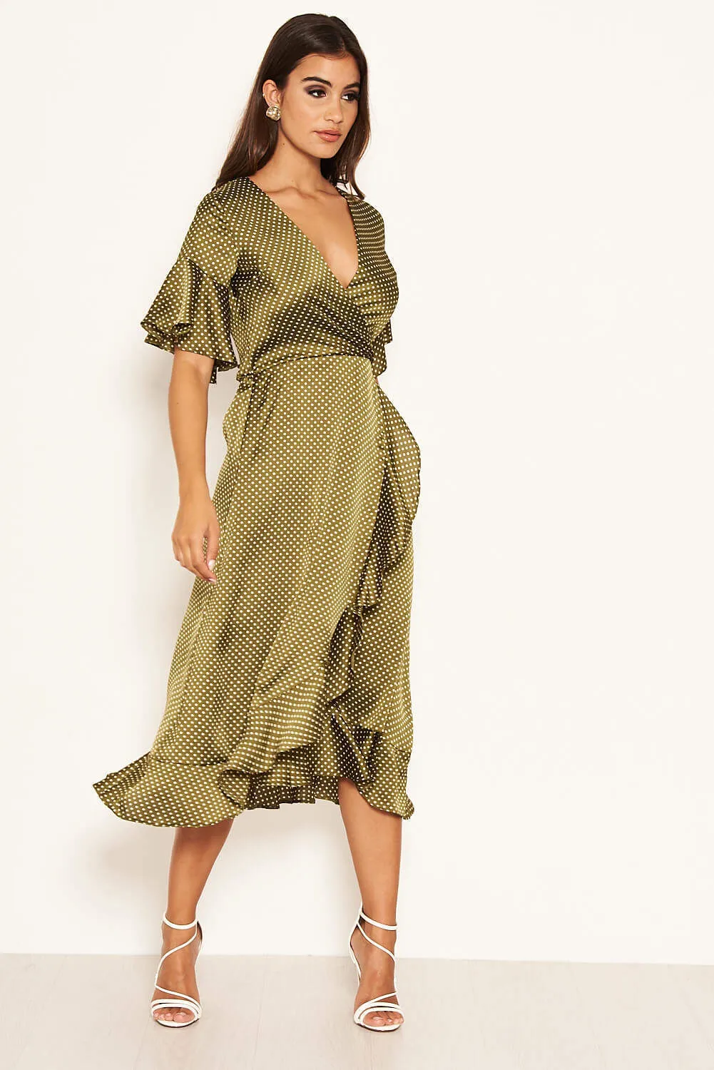 Olive Polka Dot Wrap Frill Midi Swing Dress sold by AX Paris product image thumbnail 2