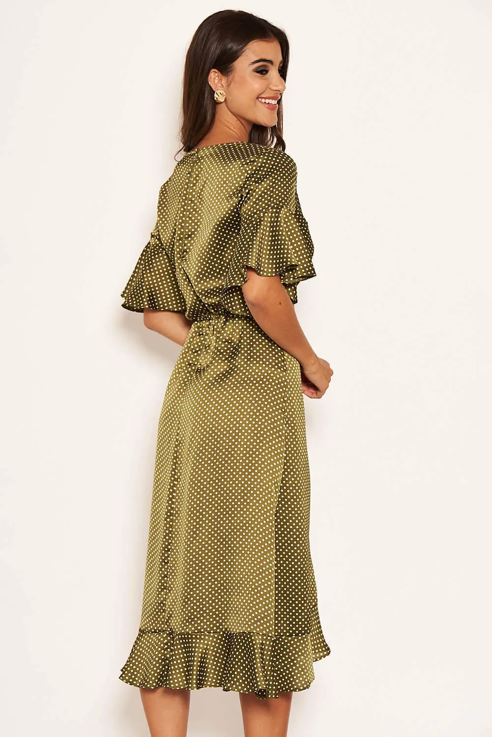 Olive Polka Dot Wrap Frill Midi Swing Dress sold by AX Paris product image thumbnail 3