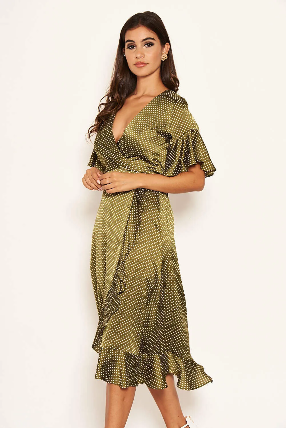 Olive Polka Dot Wrap Frill Midi Swing Dress sold by AX Paris product image thumbnail 4