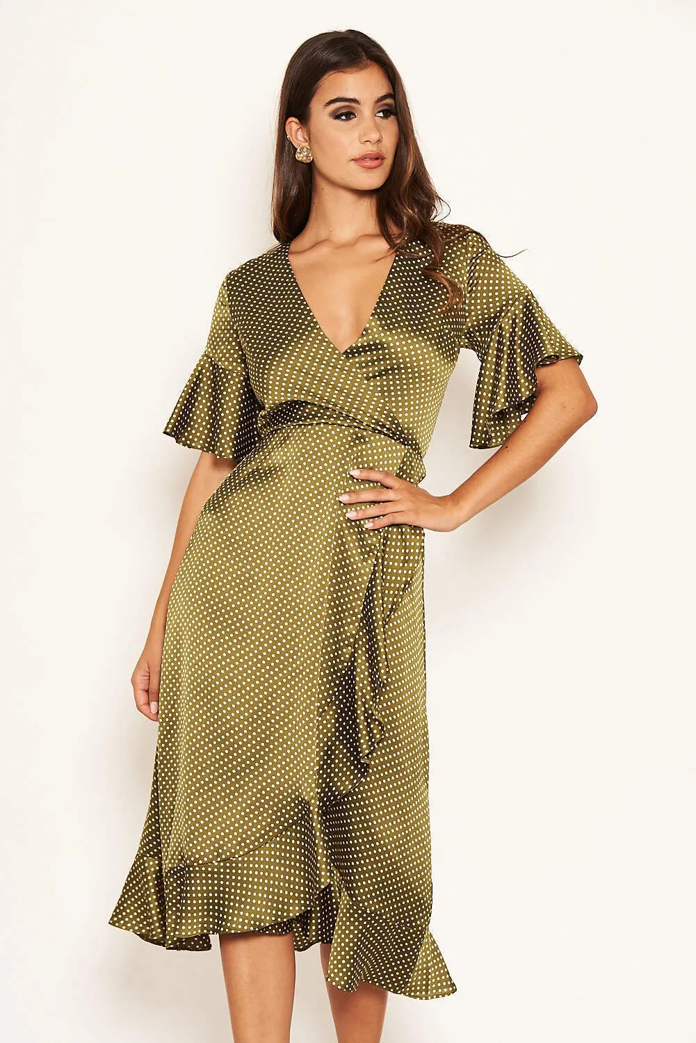 Olive Polka Dot Wrap Frill Midi Swing Dress sold by AX Paris