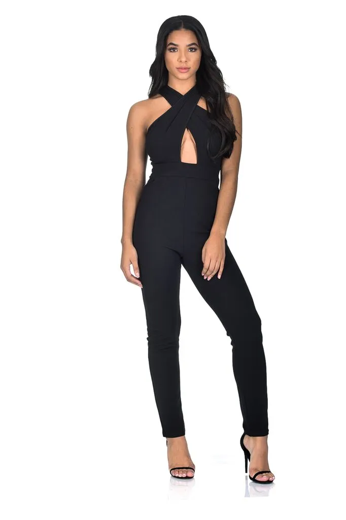 Black Cross Over Halter Neck Jumpsuit sold by AX Paris product image thumbnail 2