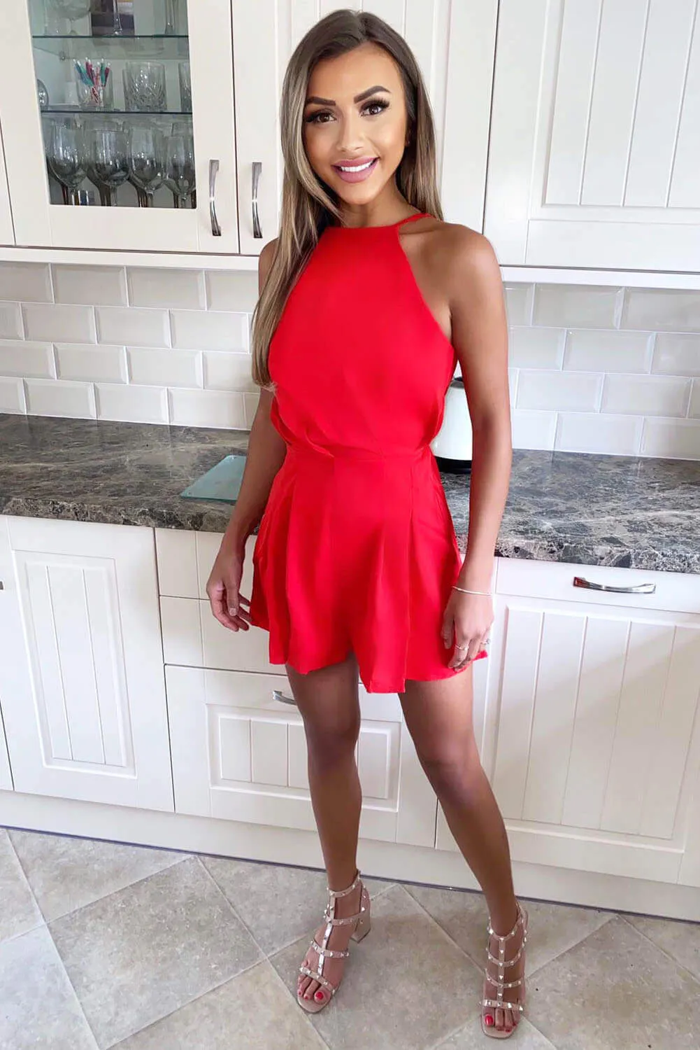 Red High Neck Playsuit sold by AX Paris