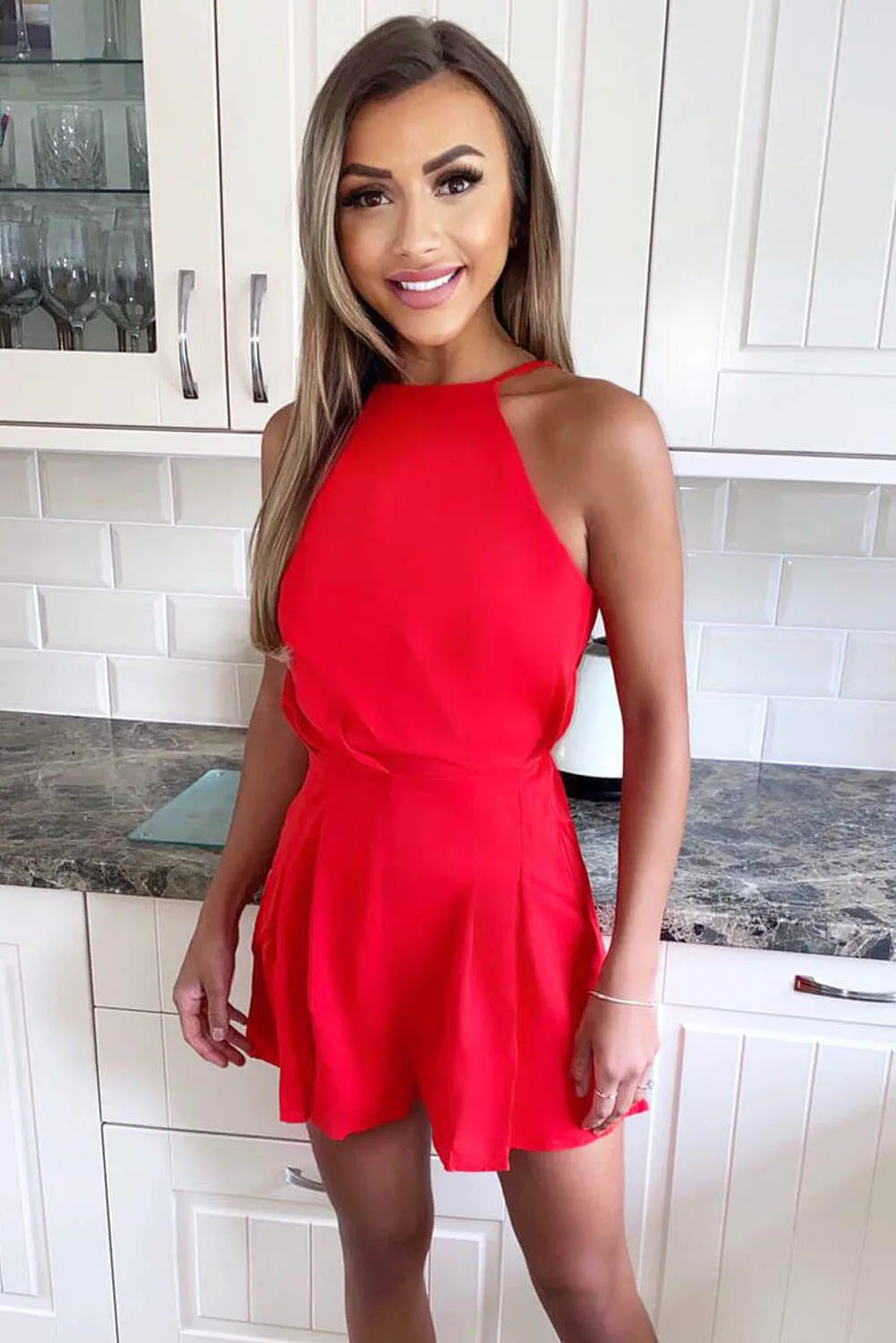 Red High Neck Playsuit sold by AX Paris product image thumbnail 2