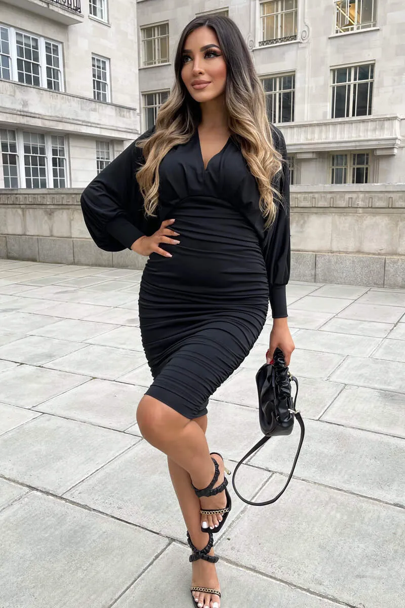 Black Ruched Bat Wing Sleeve Midi Dress sold by AX Paris product image thumbnail 2