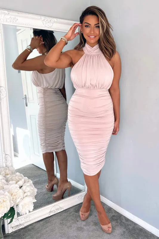 Nude Ruched High Neck Midi Dress sold by AX Paris