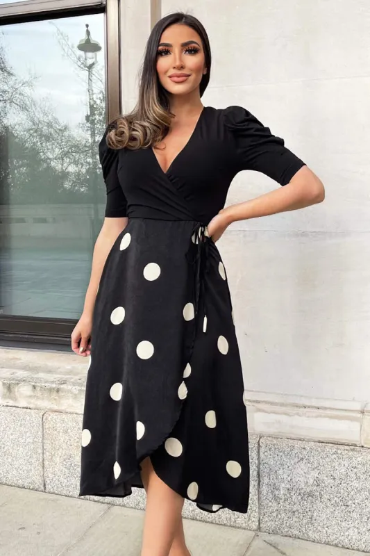 Black And Cream Polka Dot 2 in 1 Wrap Over Midi Dress sold by AX Paris