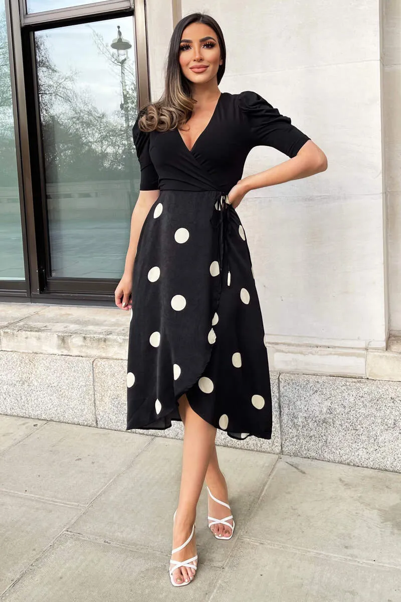Black And Cream Polka Dot 2 in 1 Wrap Over Midi Dress sold by AX Paris product image thumbnail 5