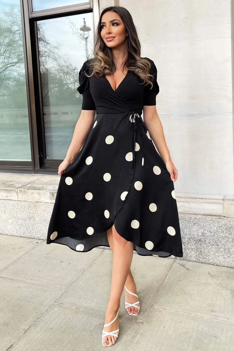 Black And Cream Polka Dot 2 in 1 Wrap Over Midi Dress sold by AX Paris product image thumbnail 2