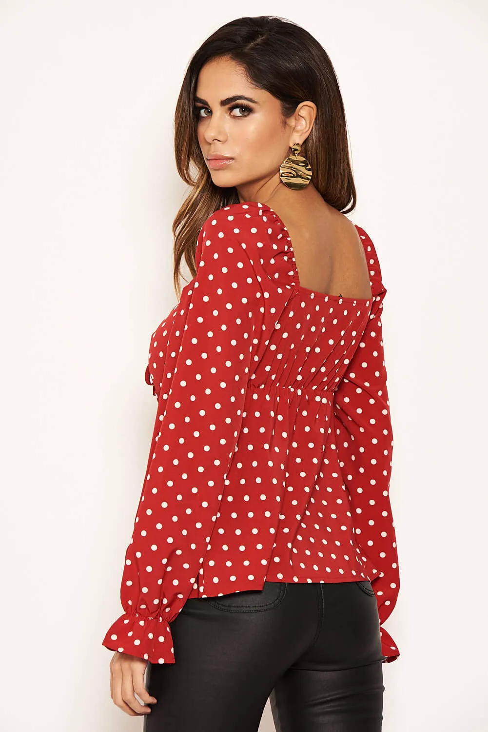 Red Polka Dot Milk Maid Neck Long Sleeve Top sold by AX Paris product image thumbnail 4