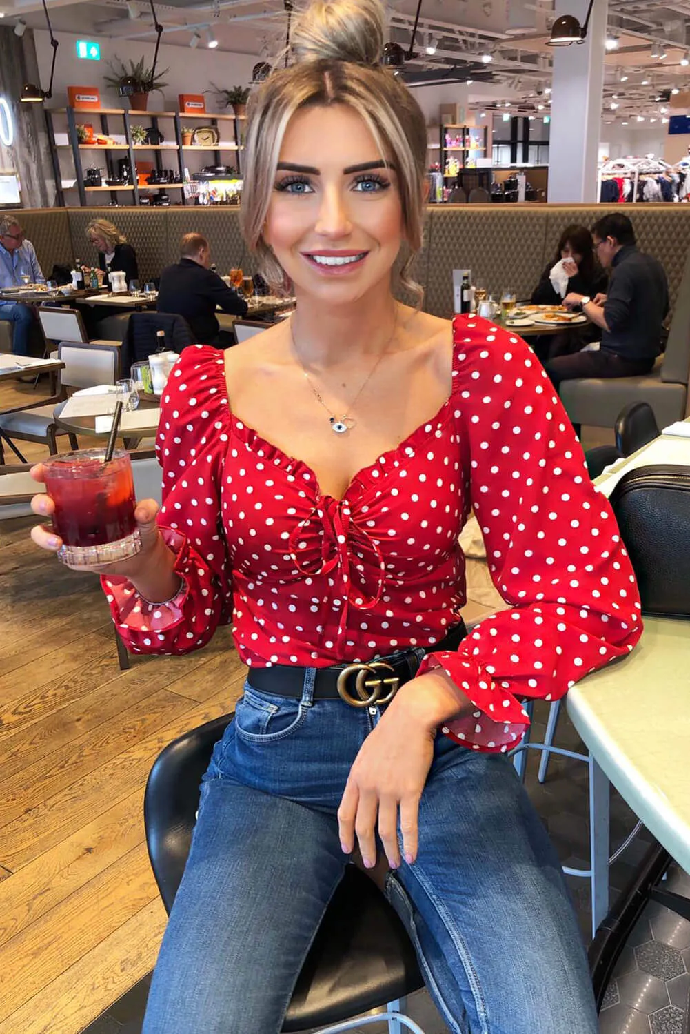 Red Polka Dot Milk Maid Neck Long Sleeve Top sold by AX Paris