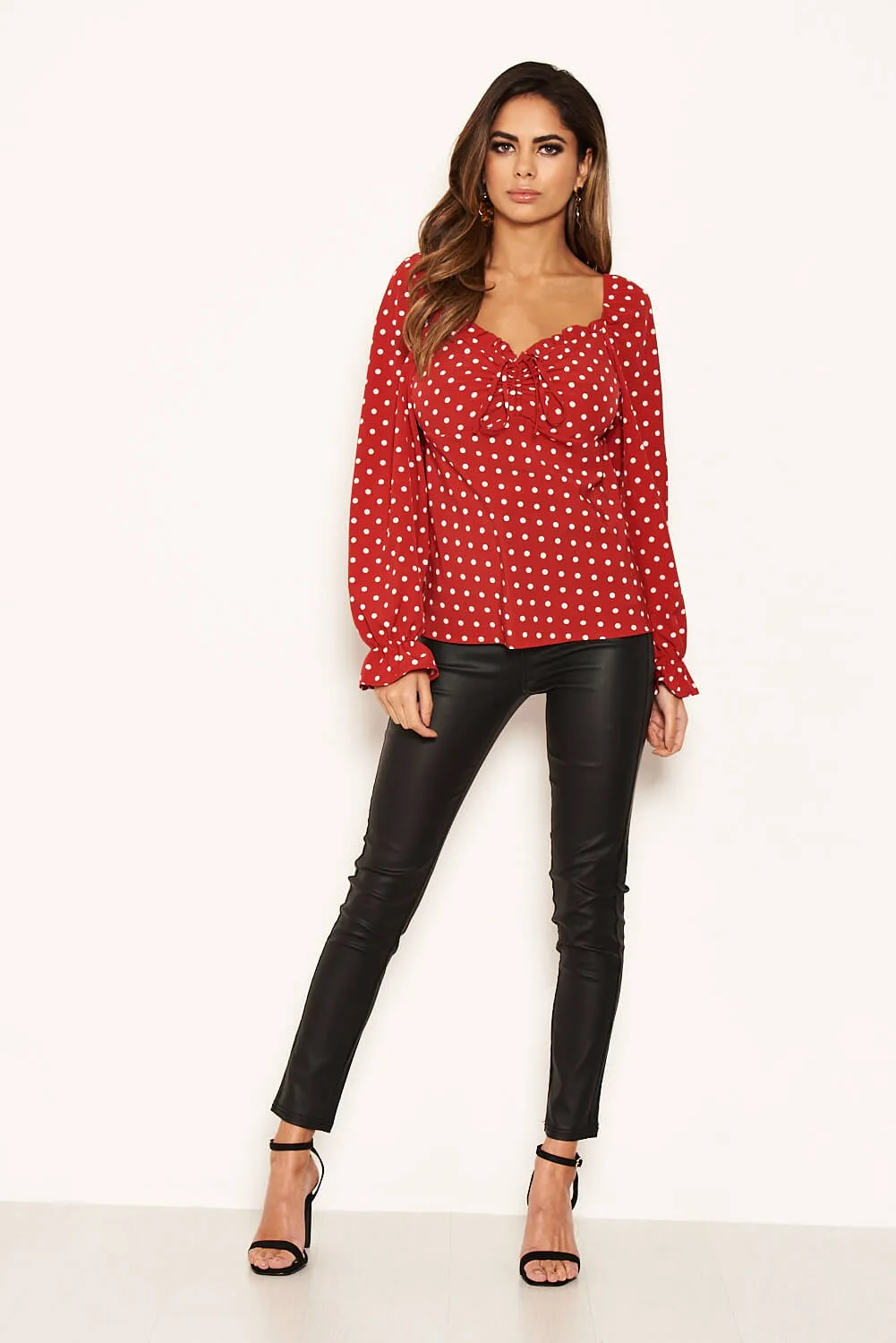 Red Polka Dot Milk Maid Neck Long Sleeve Top sold by AX Paris product image thumbnail 3
