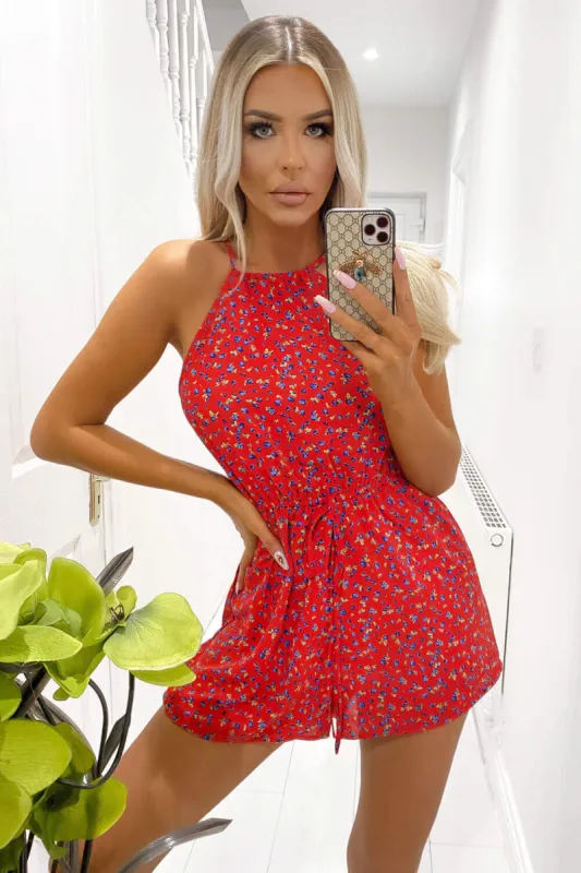 Red Ditsy Floral Printed Playsuit sold by AX Paris