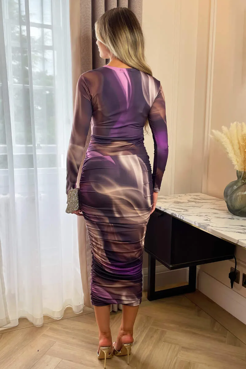 Plum Printed Long Sleeve Ruched Bodycon Midi Dress sold by AX Paris product image thumbnail 3