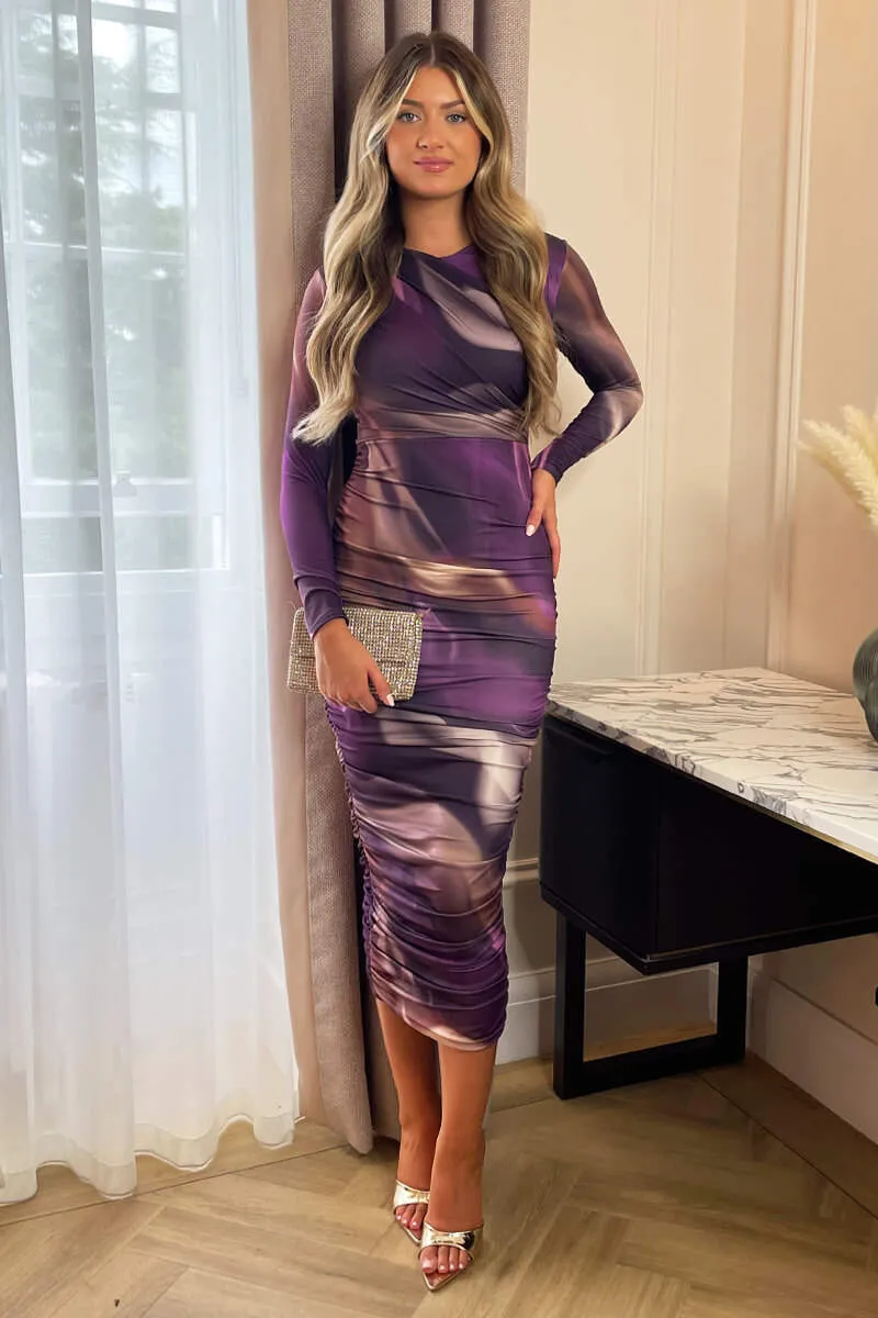 Plum Printed Long Sleeve Ruched Bodycon Midi Dress sold by AX Paris product image thumbnail 4