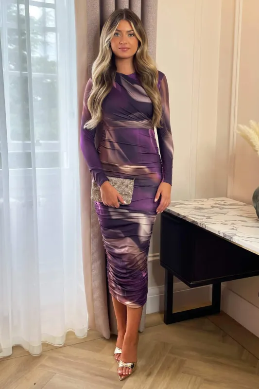 Plum Printed Long Sleeve Ruched Bodycon Midi Dress sold by AX Paris