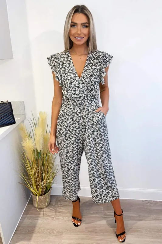 Black Daisy Print Wrap Jumpsuit sold by AX Paris