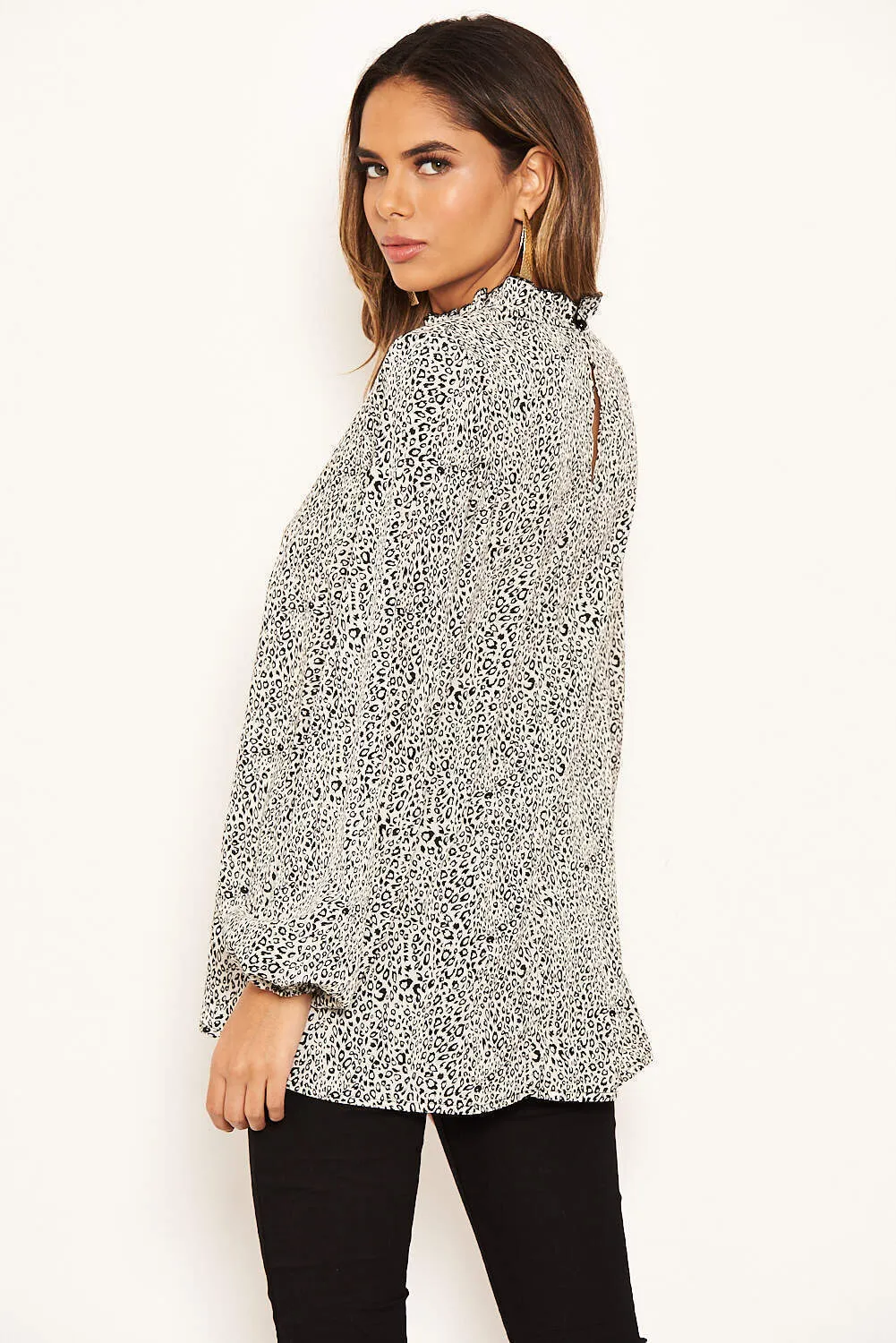 Cream Animal Print Ruffle High Neck Top sold by AX Paris product image thumbnail 4