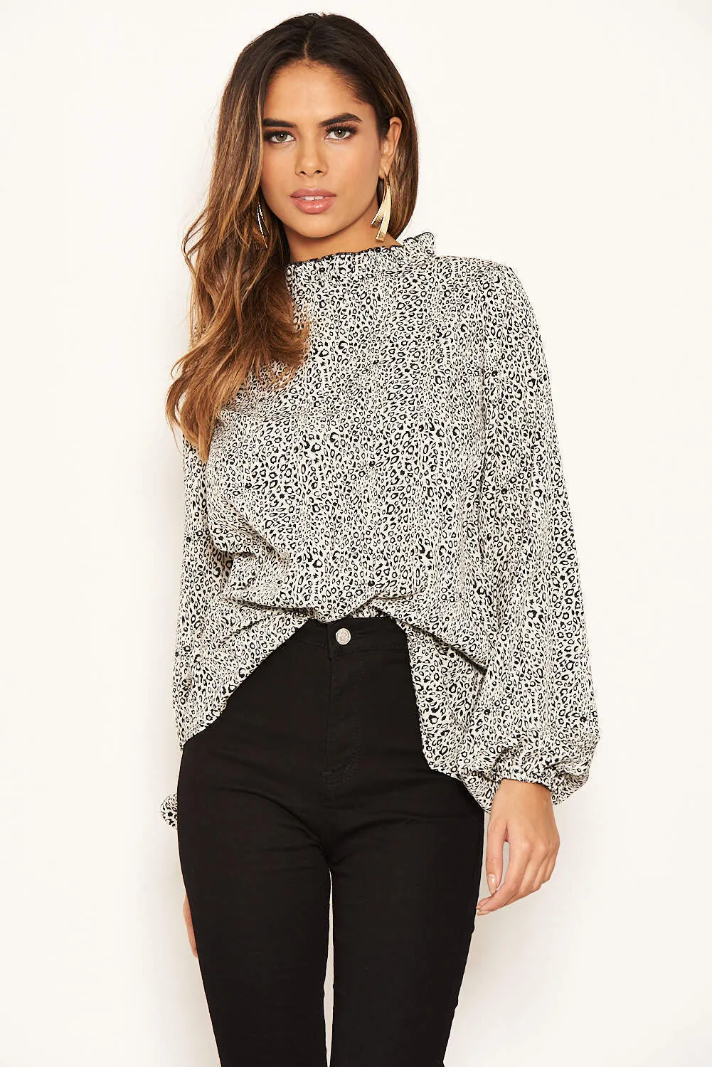 Cream Animal Print Ruffle High Neck Top sold by AX Paris product image thumbnail 2