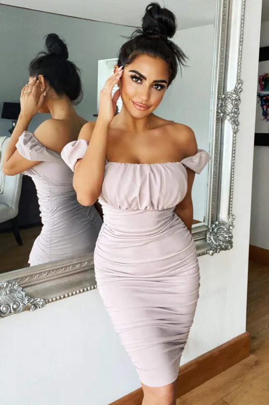 Mushroom Puff Sleeve Ruched Bodycon Midi Dress sold by AX Paris