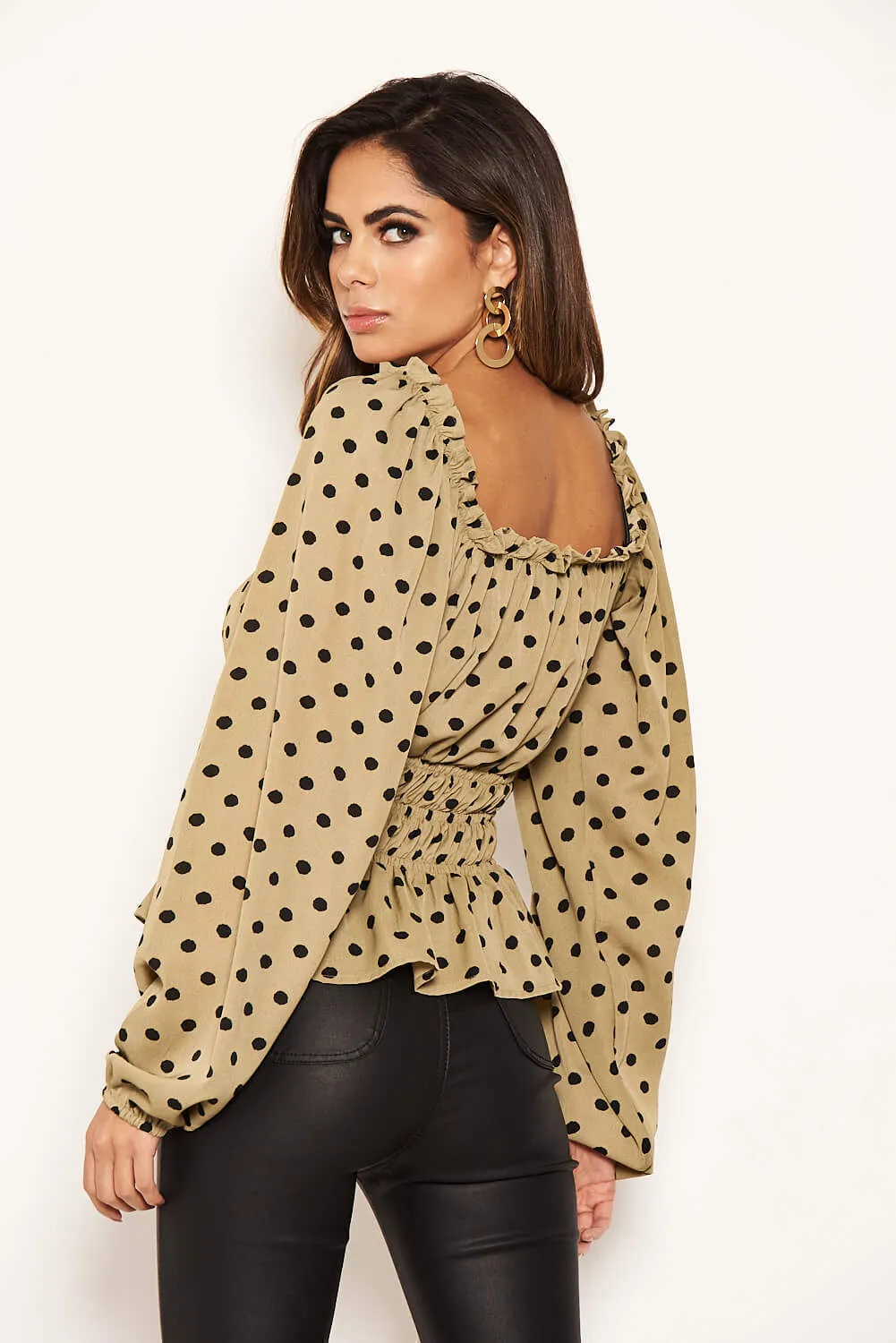 Khaki Polka Dot Long Sleeve Top sold by AX Paris product image thumbnail 4