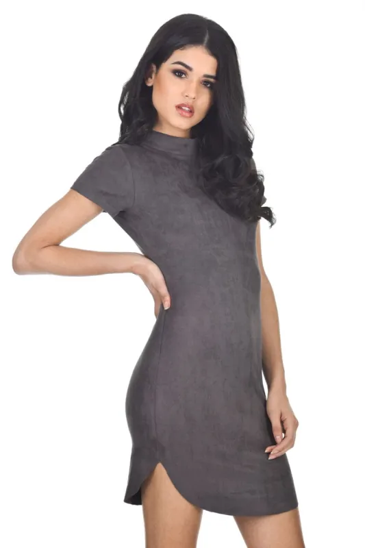 Dark Grey Faux Suede Mini Dress With High Neck sold by AX Paris