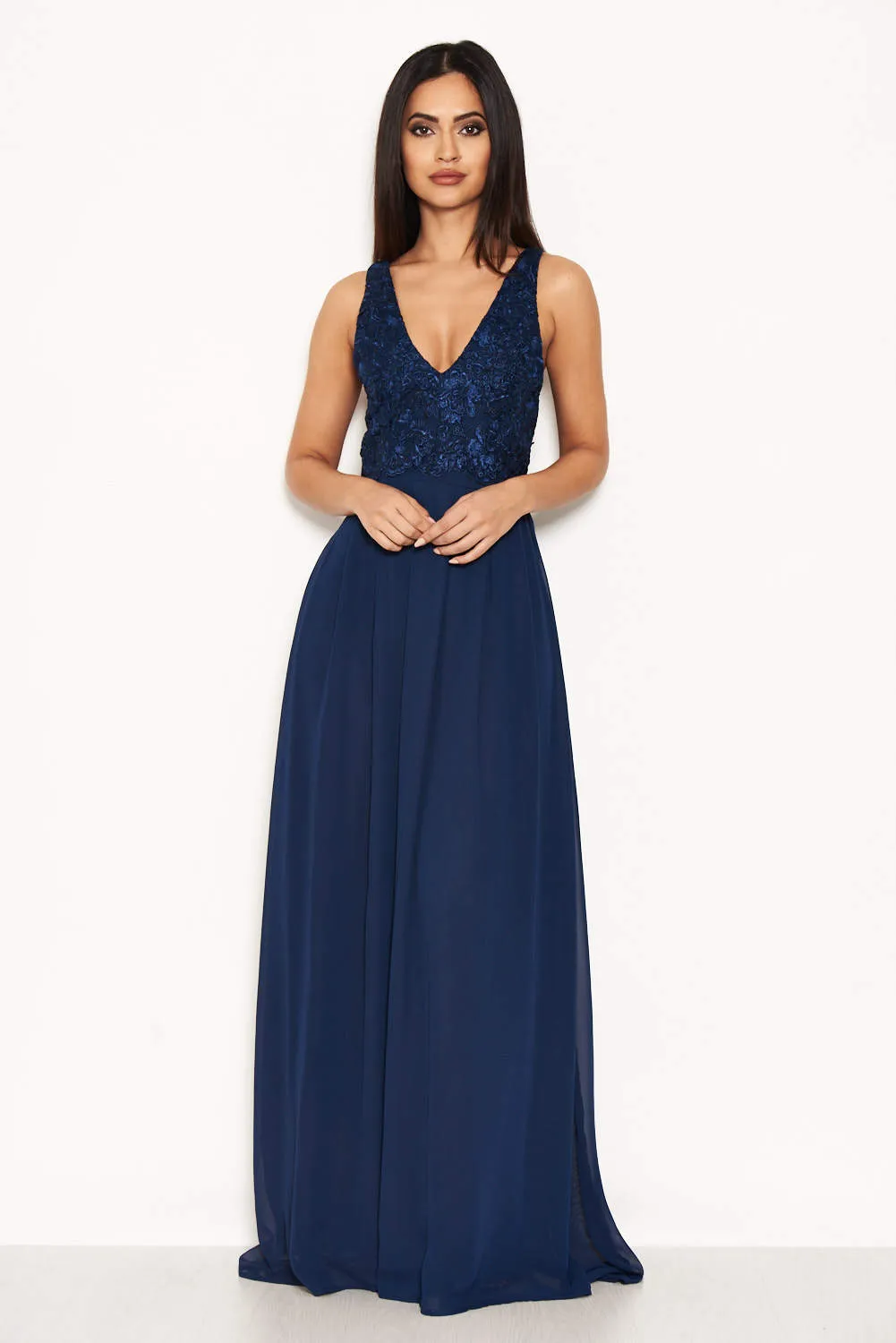 Navy Lace Detail V Neck Maxi Dress sold by AX Paris