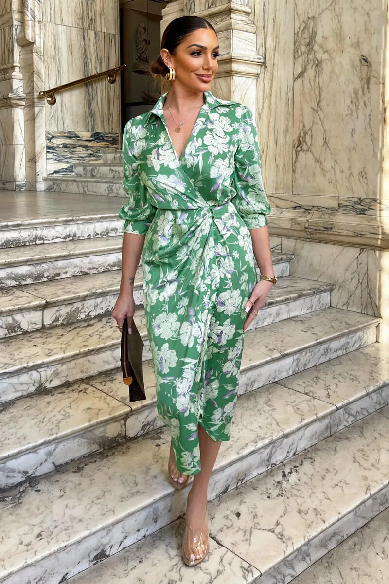 Green Floral Wrap Shirt Midi Dress sold by AX Paris
