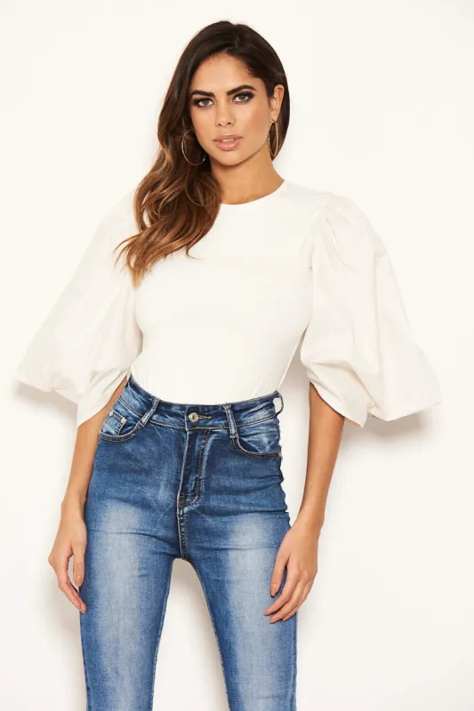 Cream Batwing Puff Sleeve Bodysuit sold by AX Paris