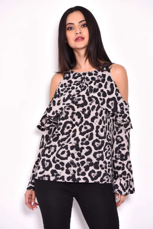 Animal Print Cold Shoulder Frill Detail Top sold by AX Paris