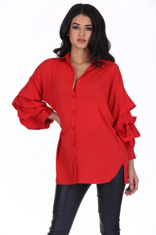 Red Ruffle Sleeve Shirt sold by AX Paris