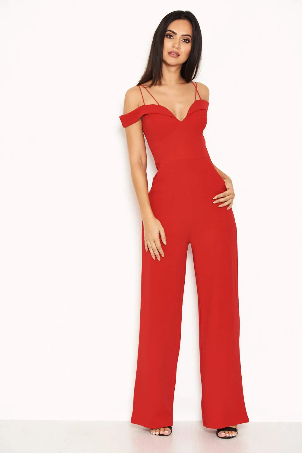 Red Strappy Off The Shoulder Jumpsuit sold by AX Paris