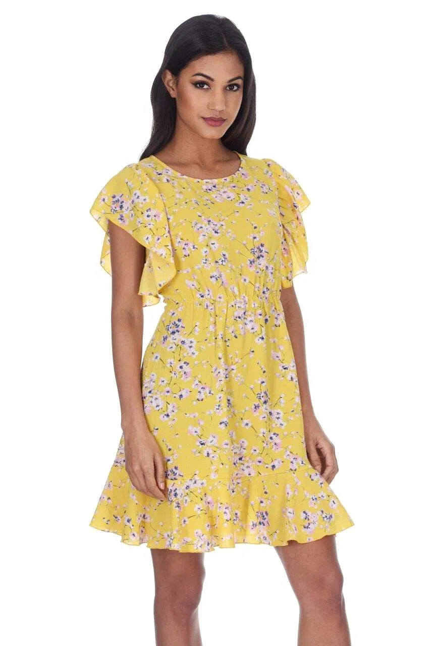 Yellow Floral Frill Detail Mini Dress sold by AX Paris