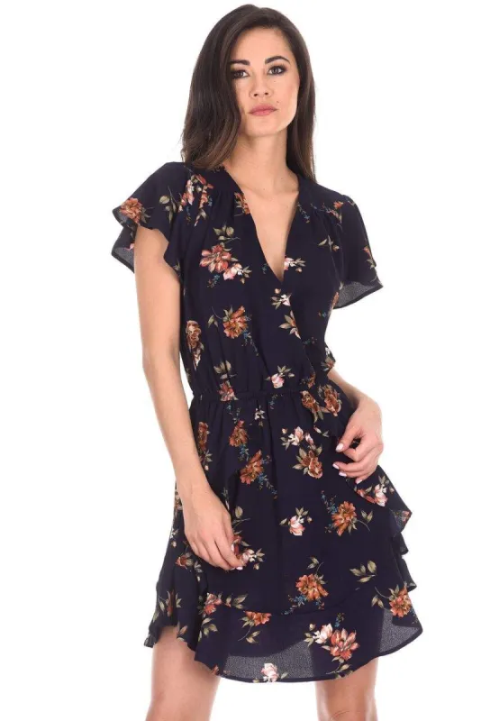 Navy Floral Frill Detail Dress sold by AX Paris