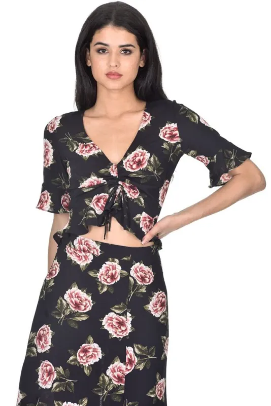 Black Floral Ruched Top sold by AX Paris