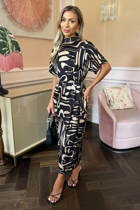 Black Geometric Pattern High Neck Wrap Skirt Midi Dress sold by AX Paris