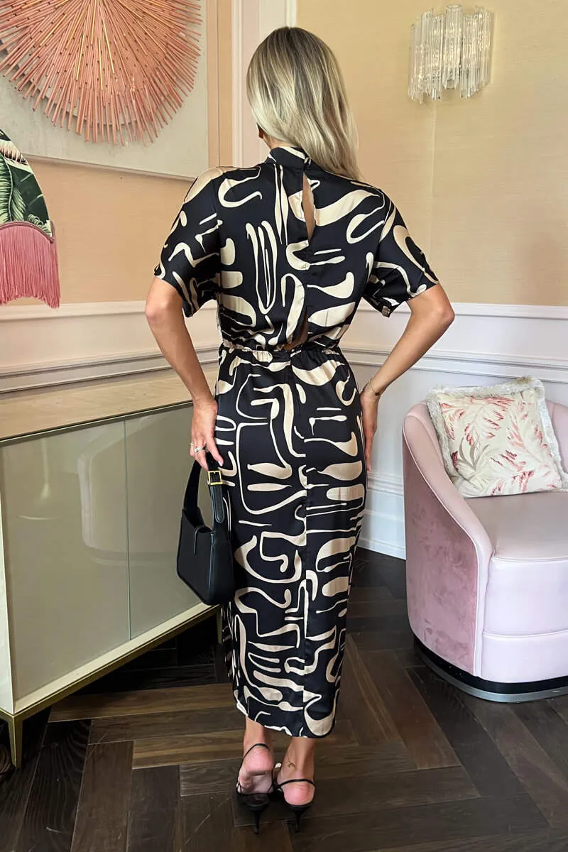 Black Geometric Pattern High Neck Wrap Skirt Midi Dress sold by AX Paris product image thumbnail 5