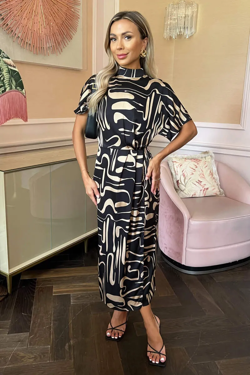 Black Geometric Pattern High Neck Wrap Skirt Midi Dress sold by AX Paris product image thumbnail 2