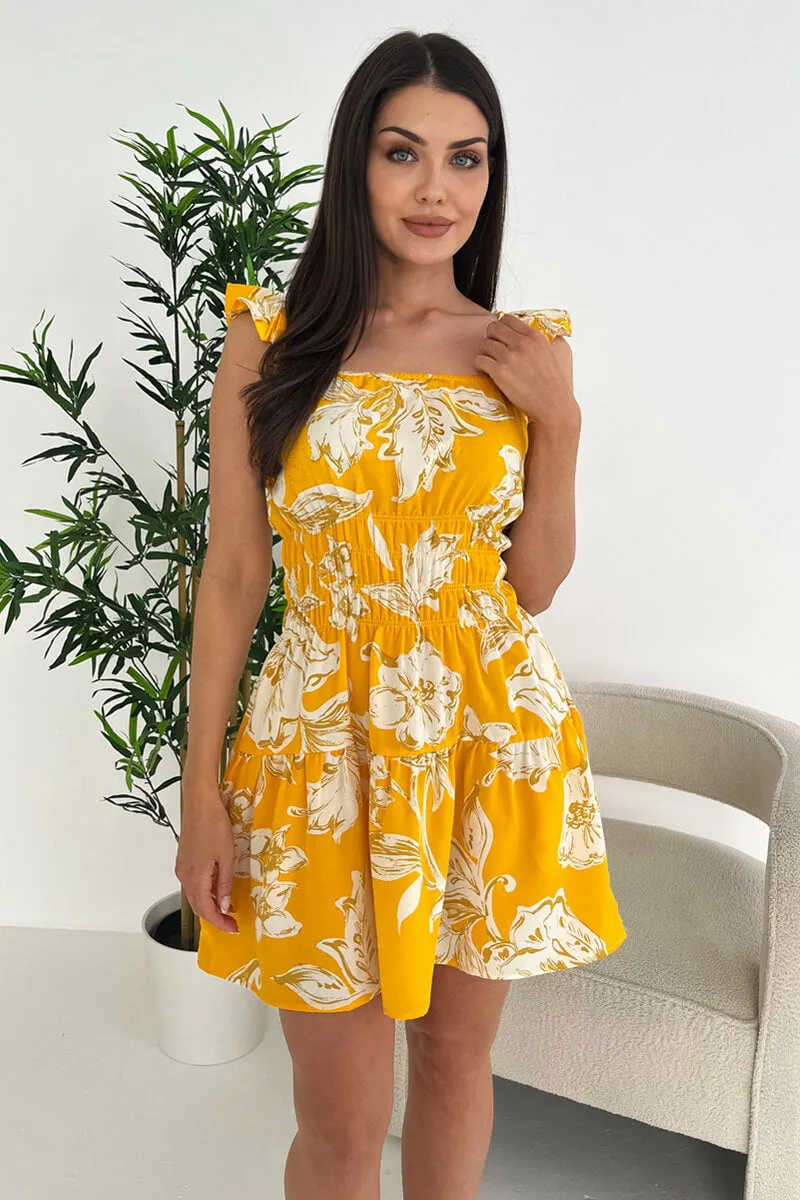 Yellow Floral Printed Frill Strap Mini Dress sold by AX Paris