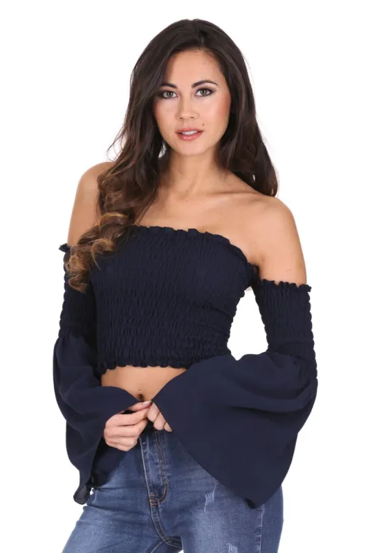 Navy Crop Flare Sleeve Top sold by AX Paris