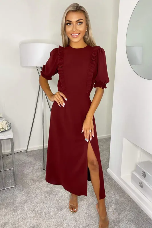 Wine Ruffle Split Leg Midi Dress sold by AX Paris