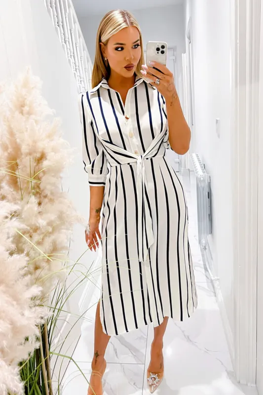 Cream And Navy Striped Button Up 3/4 Sleeve Midi Dress sold by AX Paris