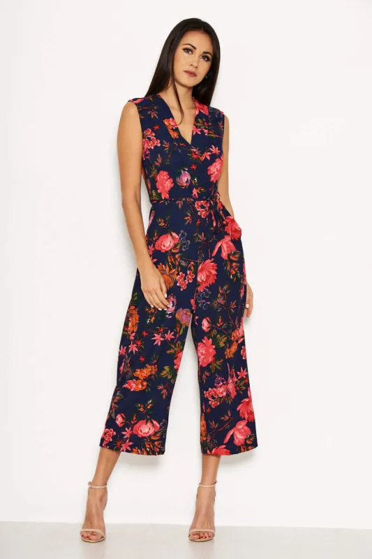 Navy Floral Culotte Jumpsuit With Tie Waist sold by AX Paris