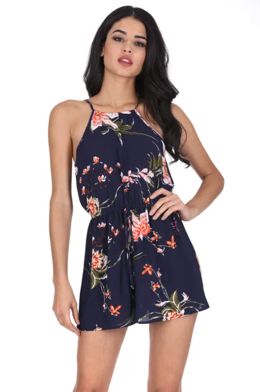 Navy High Neck Floral Print Playsuit sold by AX Paris