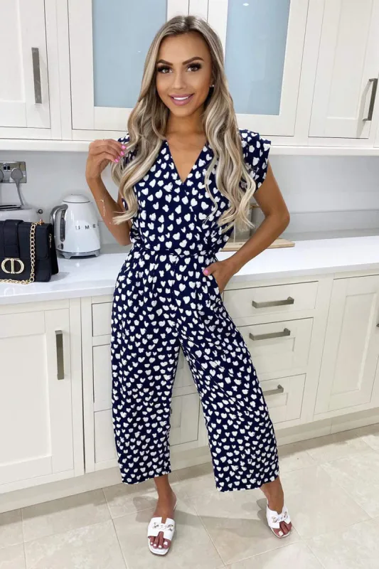 Navy Heart Print Culotte Jumpsuit sold by AX Paris