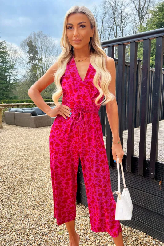 Pink And Red Floral Printed Tie Front Jumpsuit sold by AX Paris