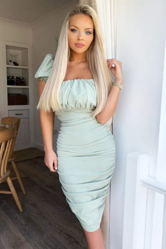 Sage Puff Sleeve Ruched Bodycon Midi Dress sold by AX Paris